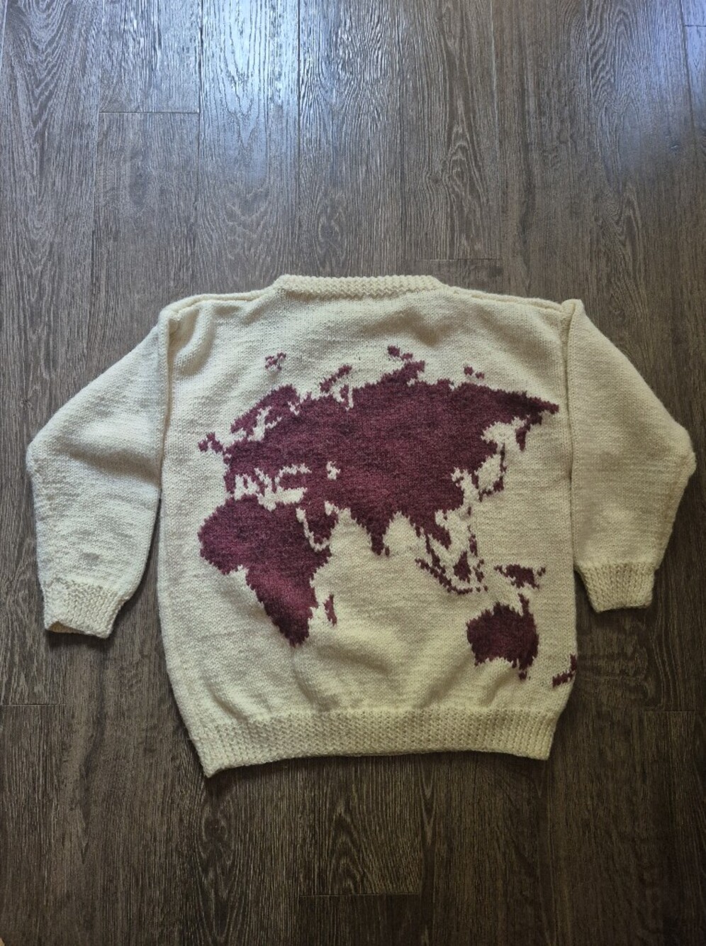 Hand Knit Cream Crewneck Sweater with Burgundy World Map - Picture 2 of 3